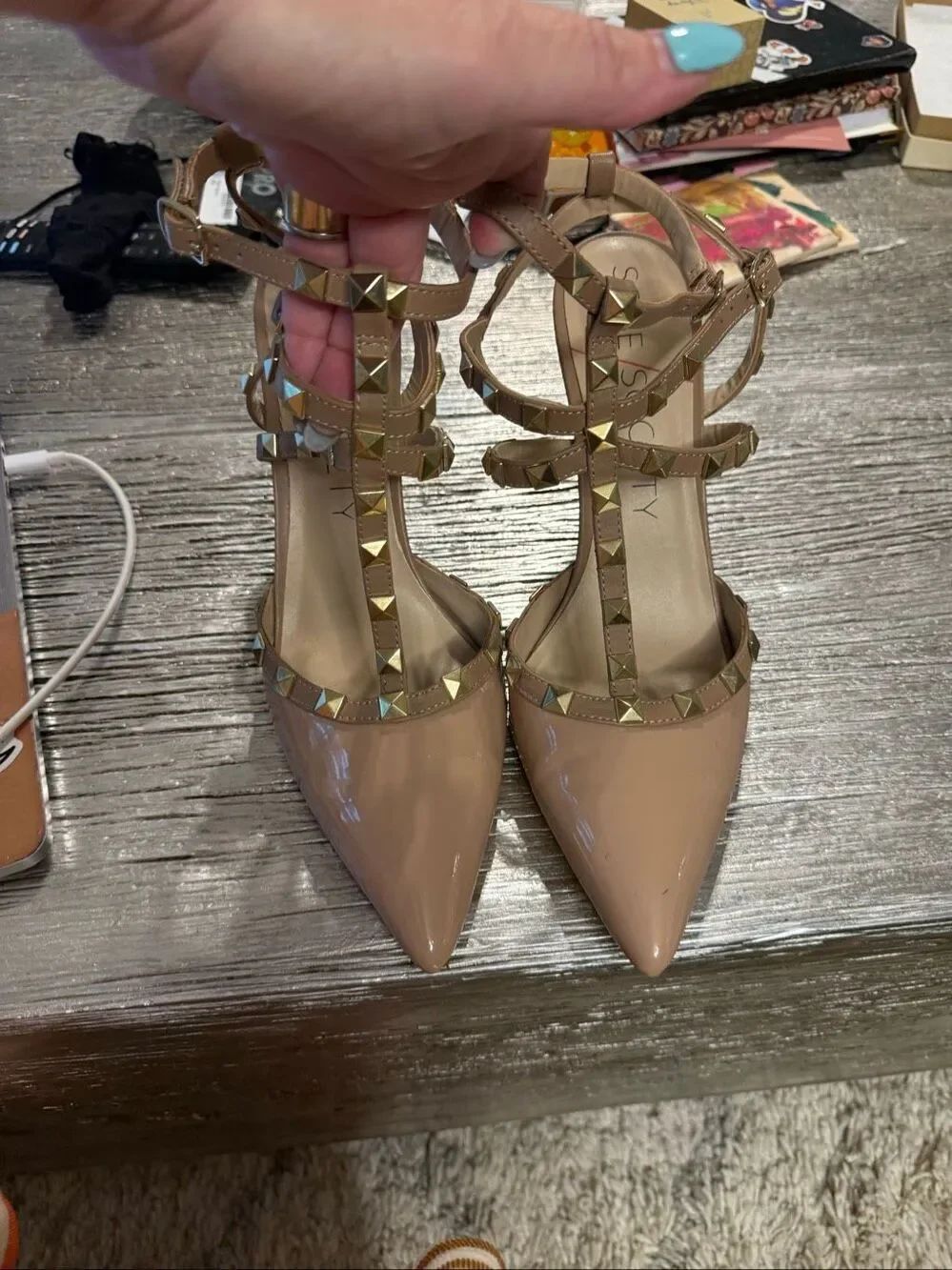 Sole Society Beige Rock Stud Triple Strap Pumps Heels sz 11 EUC